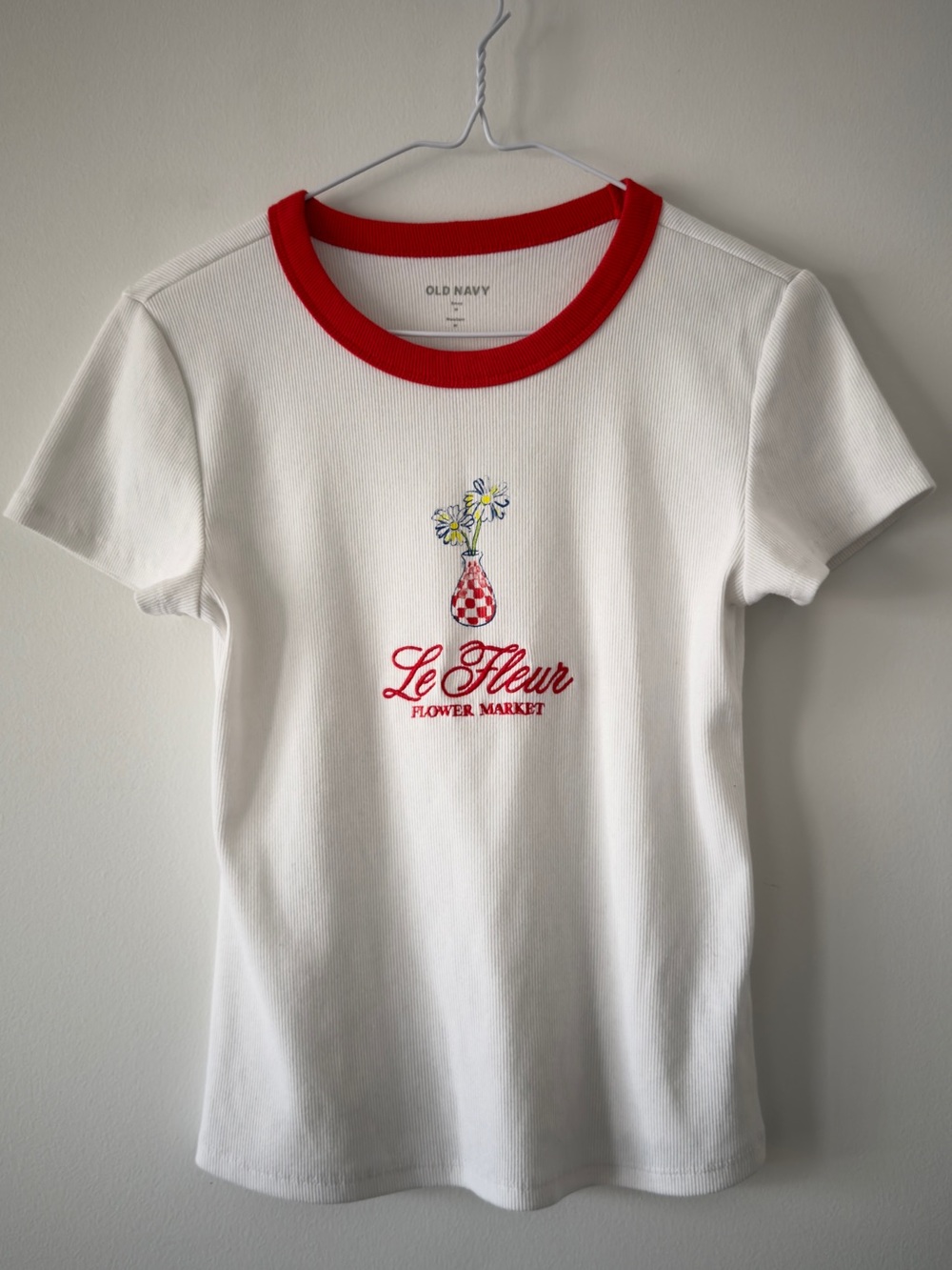 Old Navy White and Red Le Fleur Ringer Tee